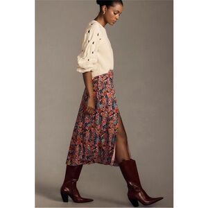 Maeve Anthropologie Lille Side Slit Midi Skirt Navy Pink Aqua Floral Size 12